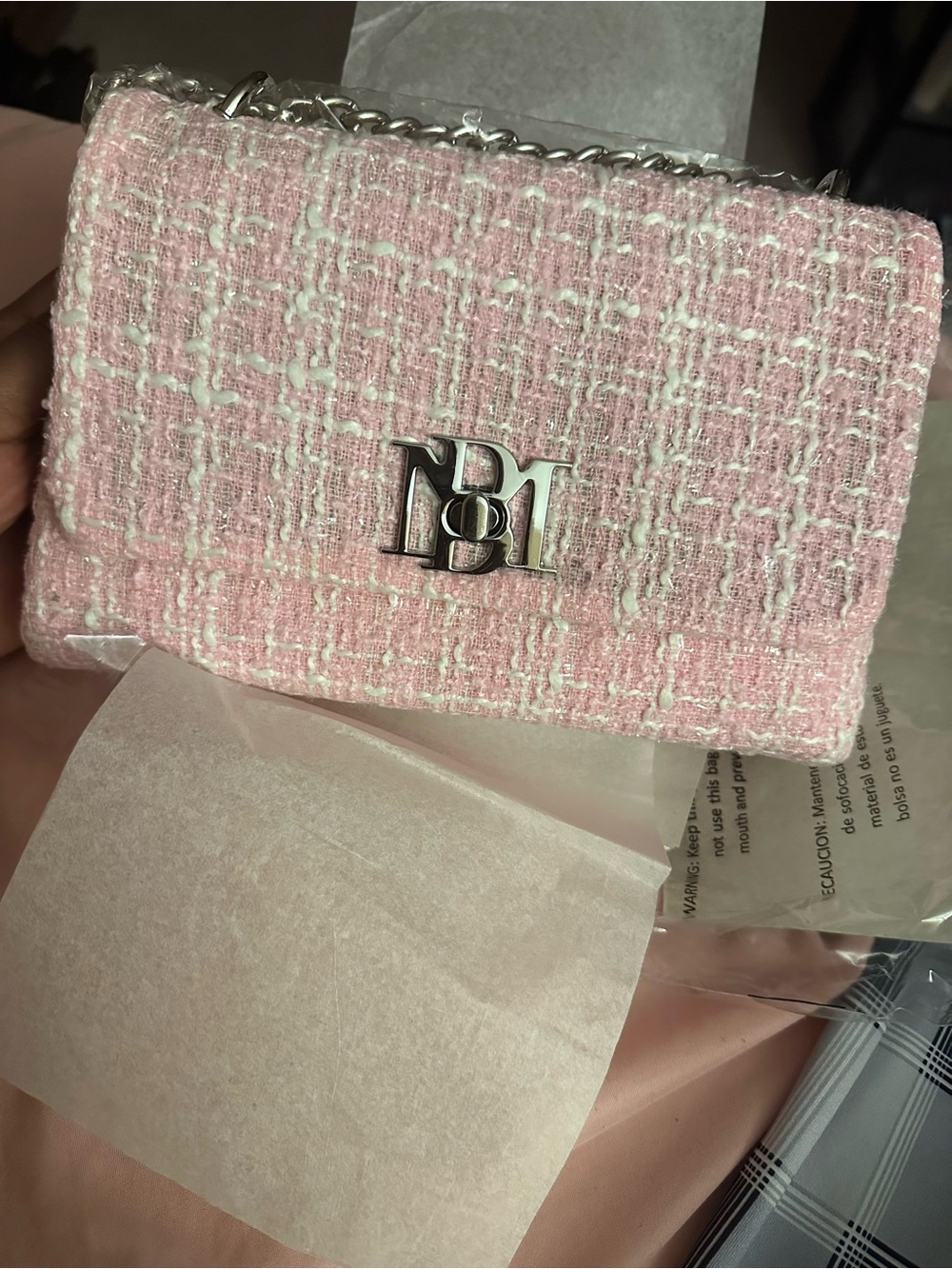 Badgley Mischka Pink Tweed Chain Crossbody Bag with Silver Hardware